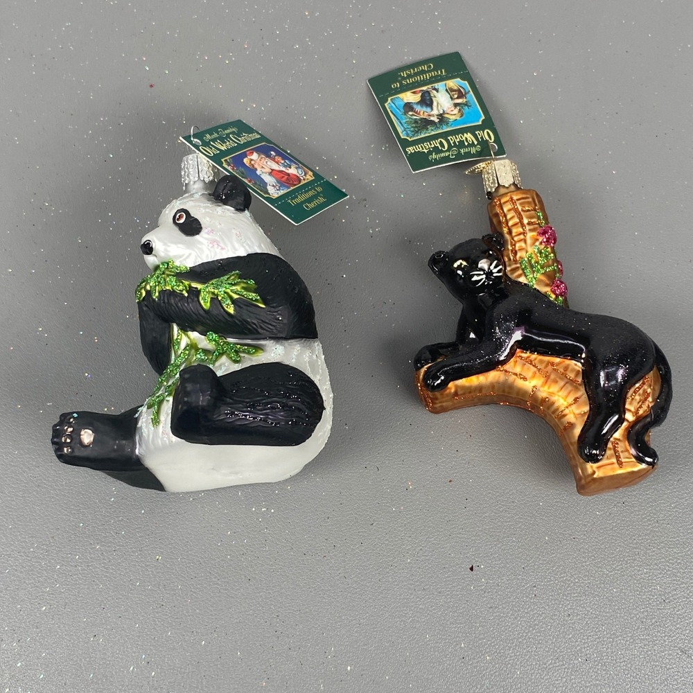 Old World Christmas Panda Bear & Black Panther Glass Holiday Animal Ornaments